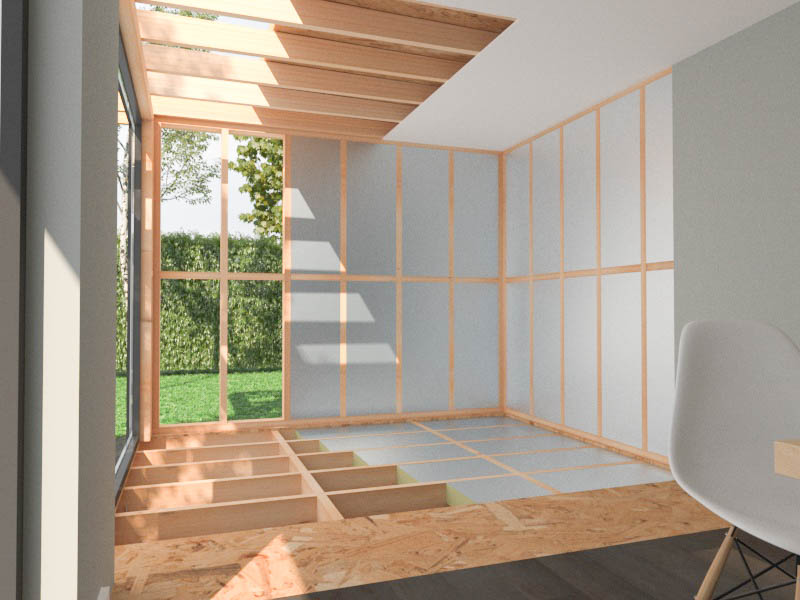 Insulation is fitted between the timber framework, in the floor, walls & roof of a garden room.
