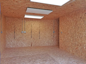 The inside of the workshop has been lined with OSB