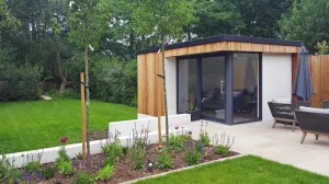 The garden room is a key part of this landscaped garden