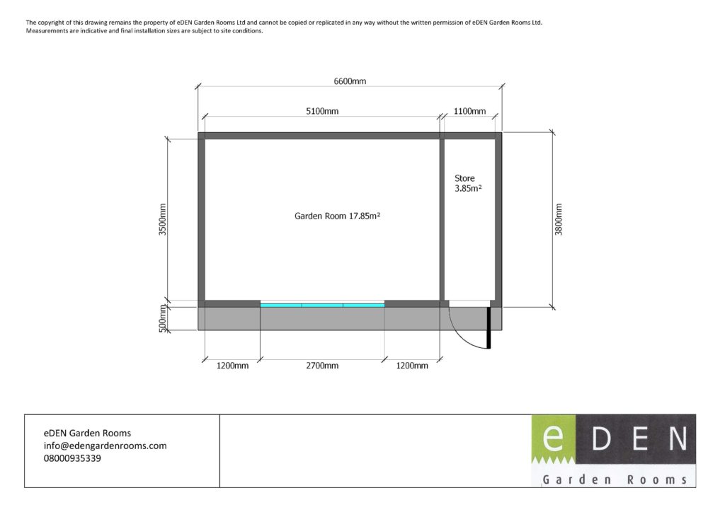Floor plan for a 6.6m x 3.8m garden office with storeroom