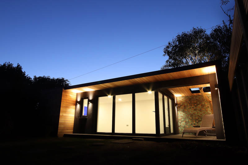 Exterior lighting ensures the garden office looks good at night