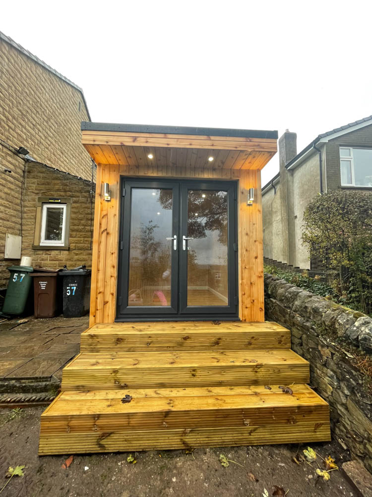 Front view of a 3.5m x 2.5m garden office by Hargreaves Garden Spaces