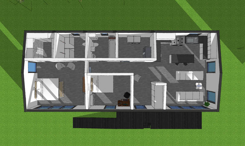Floor plan of a 2 bedroom garden annexe by a room in the garden