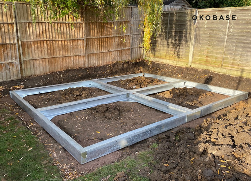 OKOBASE is a Building Regs approved steel raft foundation that is an alternative to a concrete slab foundation for a garden room.