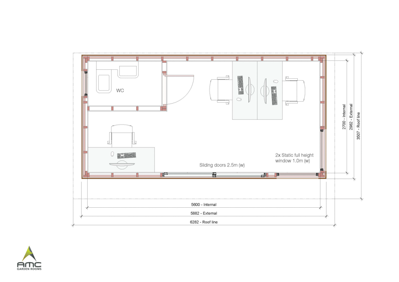 Floorplan for the 6mx 3m outdoor office by AMC Garden Rooms
