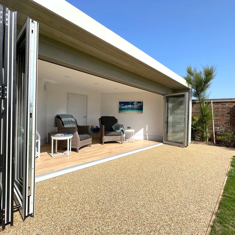 When open, the bi-fold doors stack in the porch area