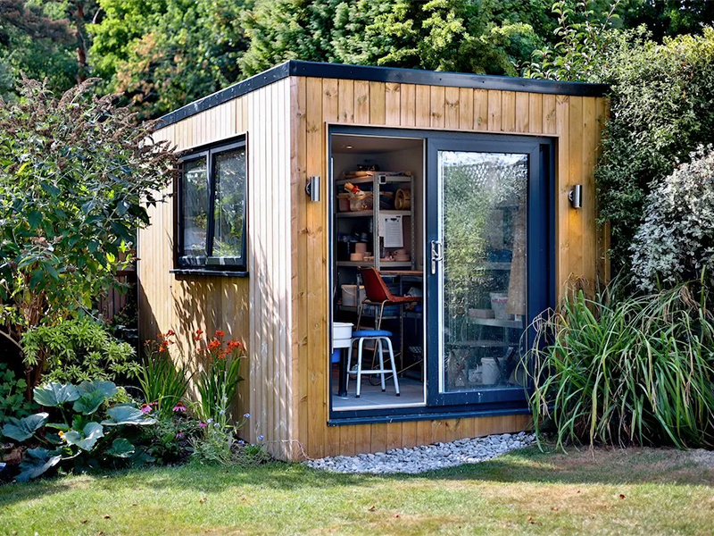 Garden pottery studio with Redwood cladding by Miniature Manors