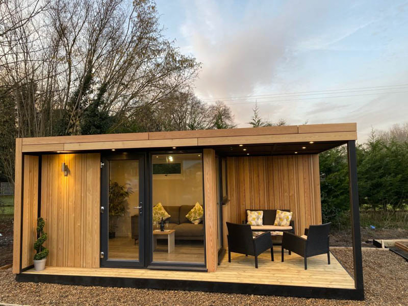 The Affinity range by SMART Garden Rooms, Offices & Studios has the covered seating area to the side of the main room