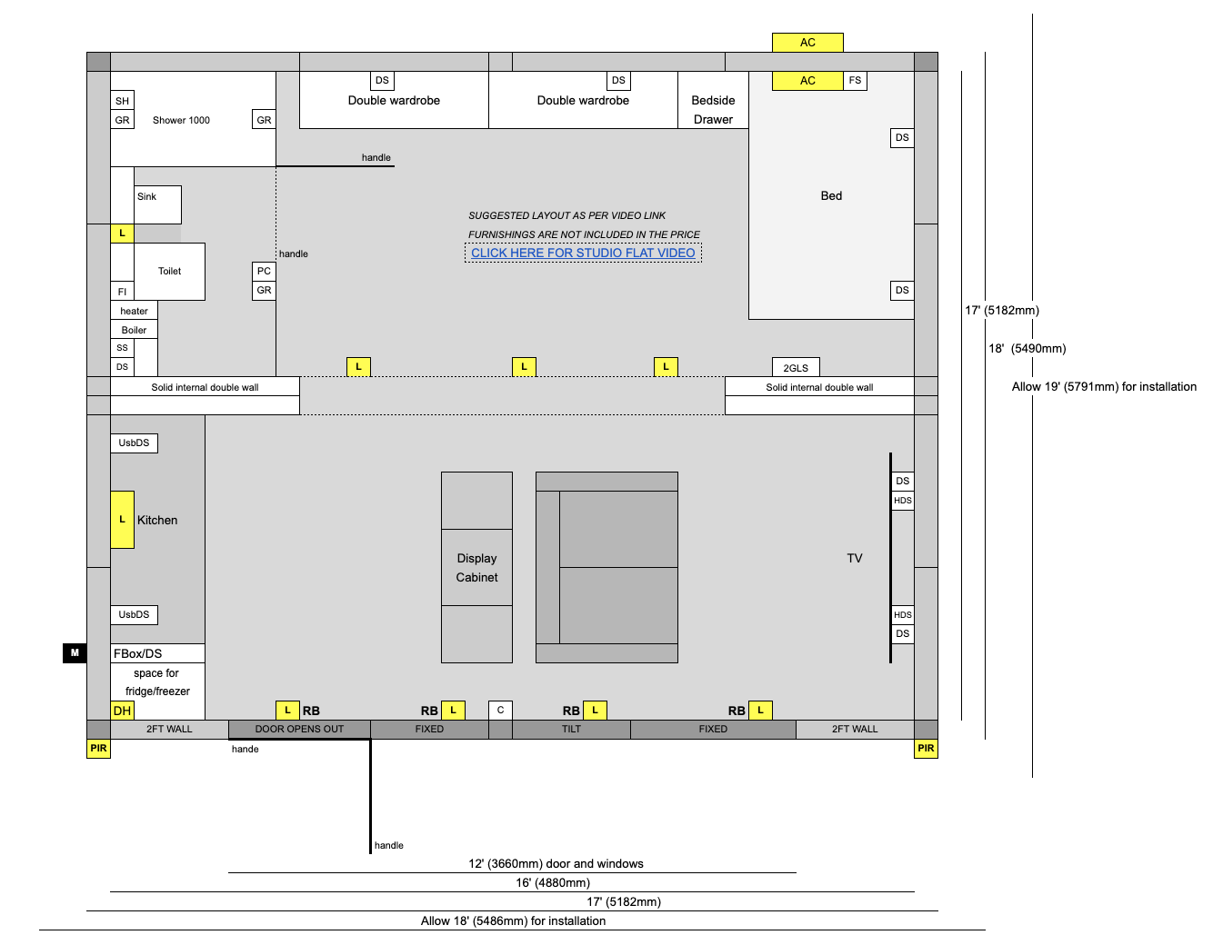 Floorplan of the 5.5m x 5.8m open plan garden annexe by Booths Garden Studios