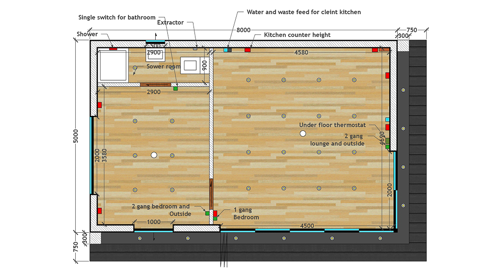 Floorplan for the 8m x 5m one bedroom annexe