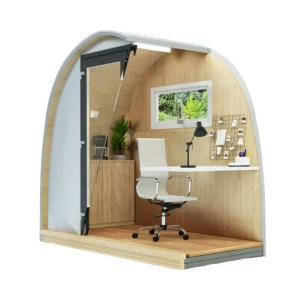 Dory Office Pod by Hully Pods is 2.4m x 1.2m and comes complete with desk and storage