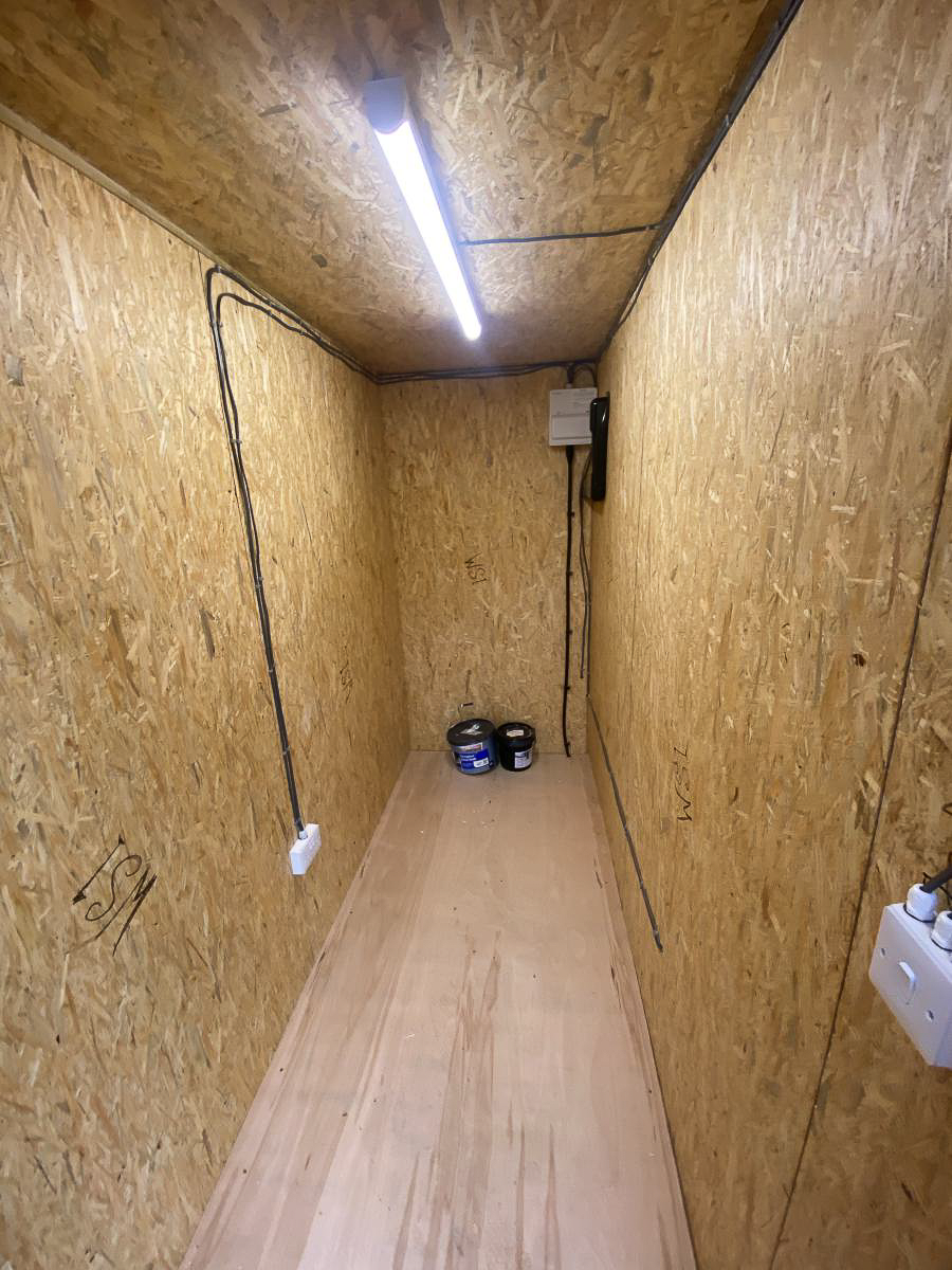 The storage room has a durable OSB finish