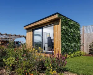 Miniature Manors garden office with green wall