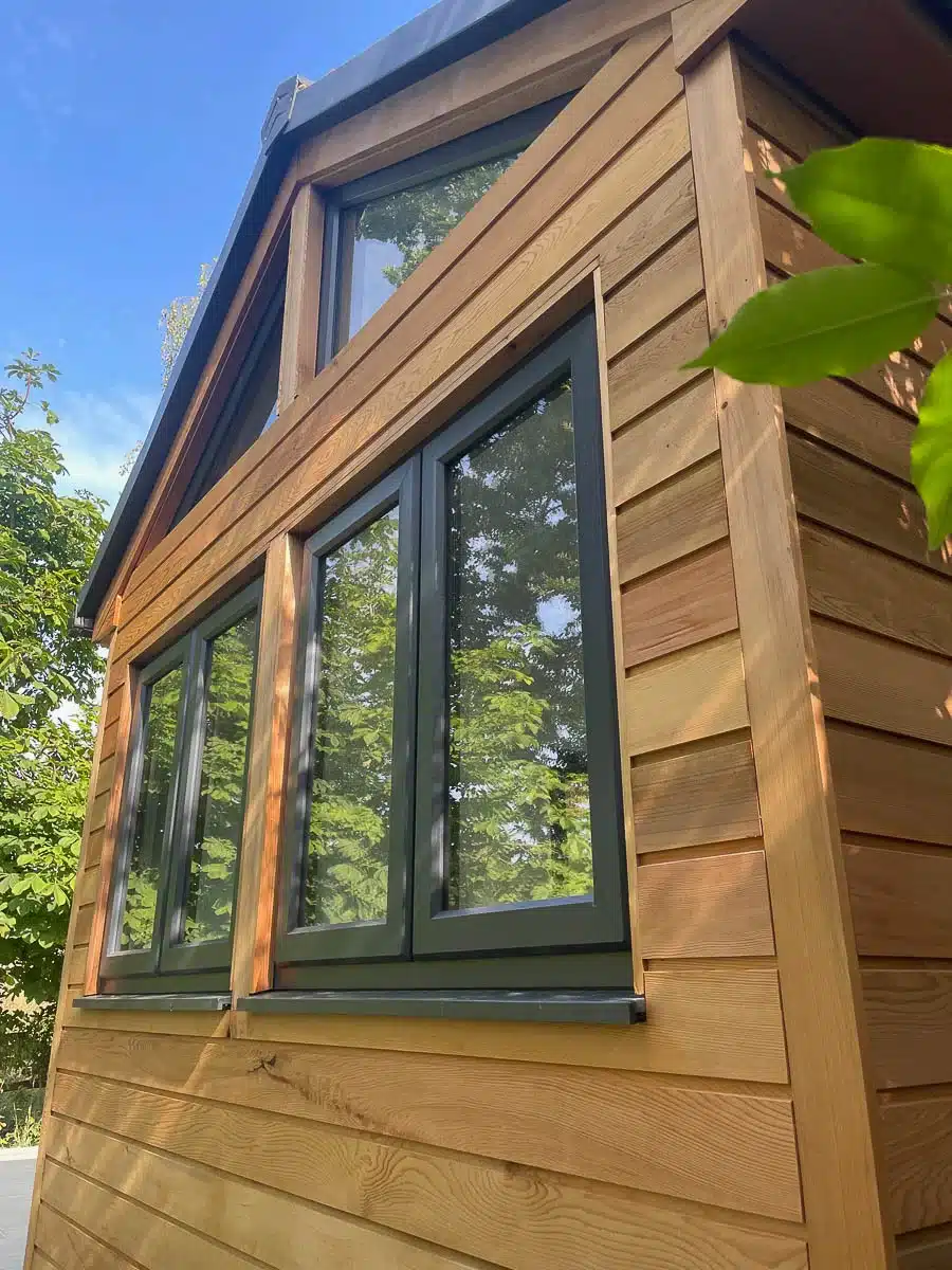 The exterior has been clad in Western Red Cedar by Ark Design Build