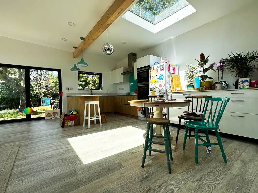 The open plan kitchen living space is wonderfully light