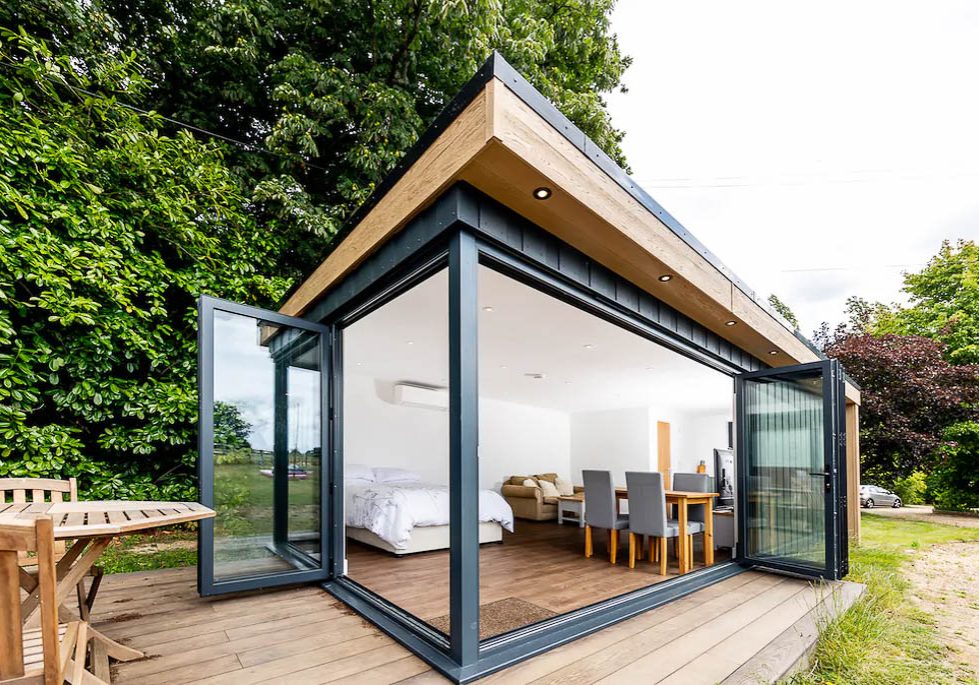 Two sets of bi-fold doors make up this glazing configuration