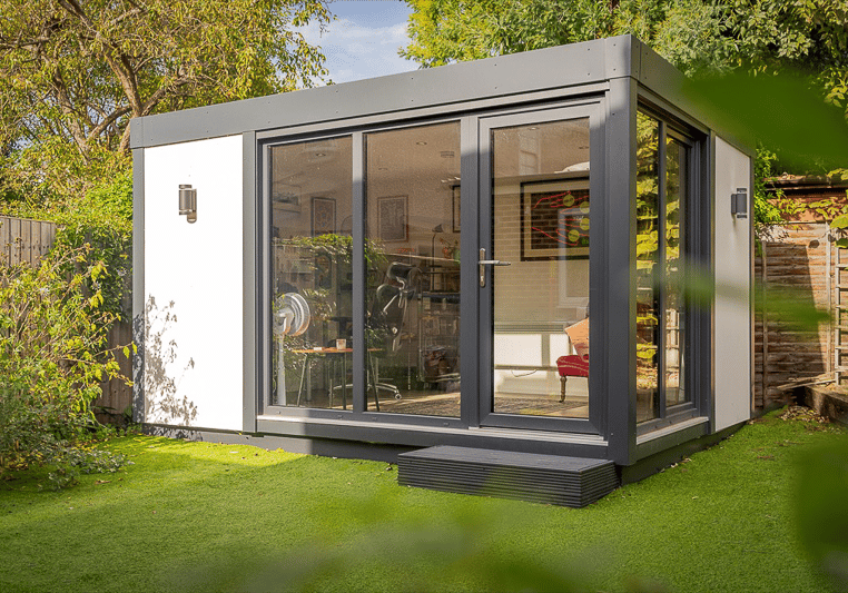 4.2m x 3m garden podcasting studio by Vita Modular finished in their Shades of Stone option