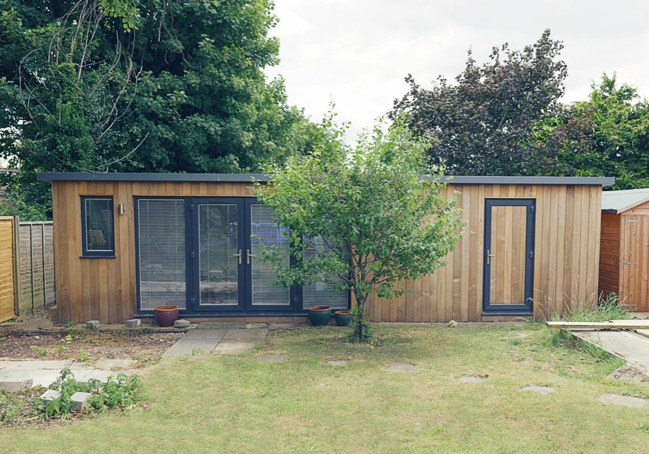 The building is 9m x 3m creating a 6m wide office and a 3m wide storage room.