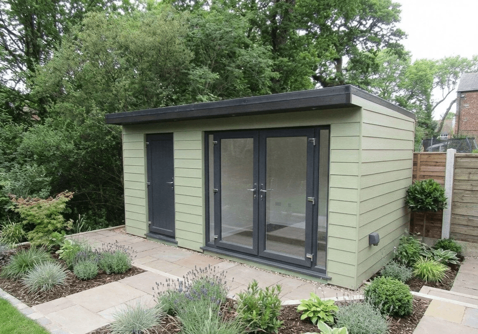 The 5m x 2.5m garden room has been finished externally in Hardie Plank Heathered Moss cladding