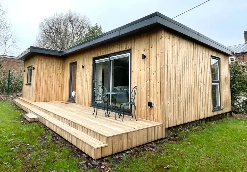 The exterior of the one bedroom annexe has been clad in Thermowood