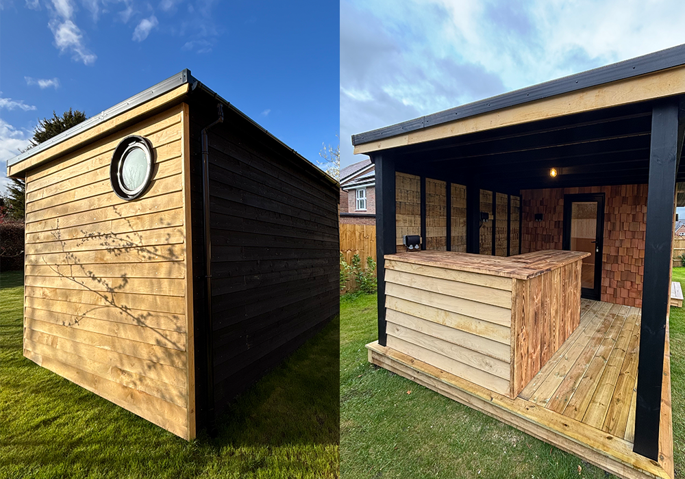 Rustic Realities' 5m x 3m dual-use garden room combines office space, hidden storage, and a covered deck bar in one bespoke build.