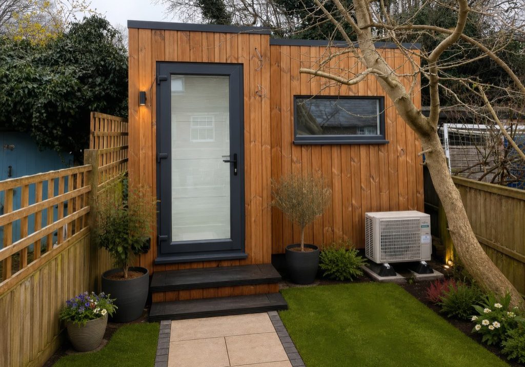 Thermowood-clad garden music room by Garden Spaces at the end of a landscaped garden, with an anthracite glazed door