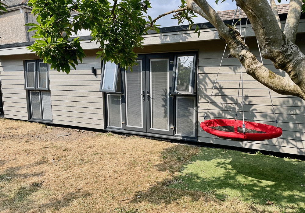 Exterior of two room Executive Garden Room designed to replace a garage
