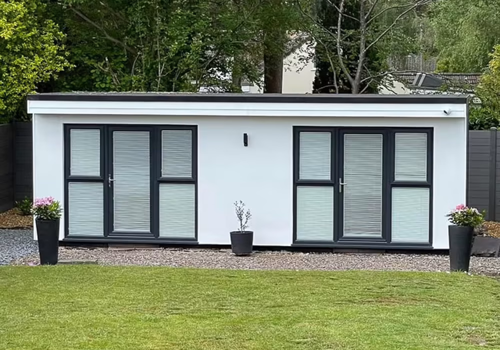 Two room garden office suite by Executive Garden Rooms. Featuring a rendered front wall